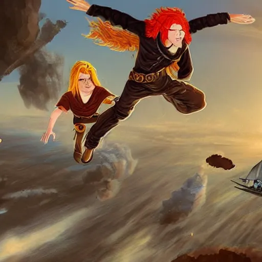 Image similar to A sky-pirate with long red hair meeting a young boy thief with blonde hair on an airship, epic fantasy art style