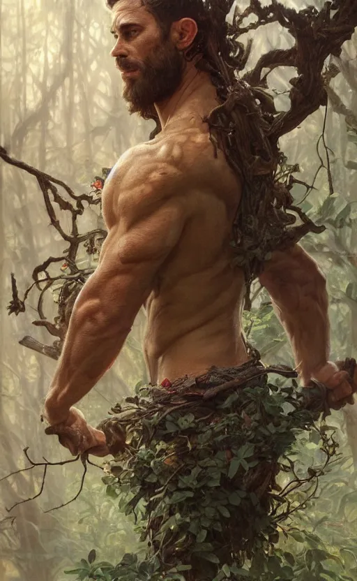 Image similar to god of the forest, 3 0 years old, rugged, handsome, male, detailed face, clean lines, atmospheric lighting, amazing, full body, flowers, muscular, intricate, highly detailed, digital painting, artstation, concept art, sharp focus, illustration, art by greg rutkowski and alphonse mucha