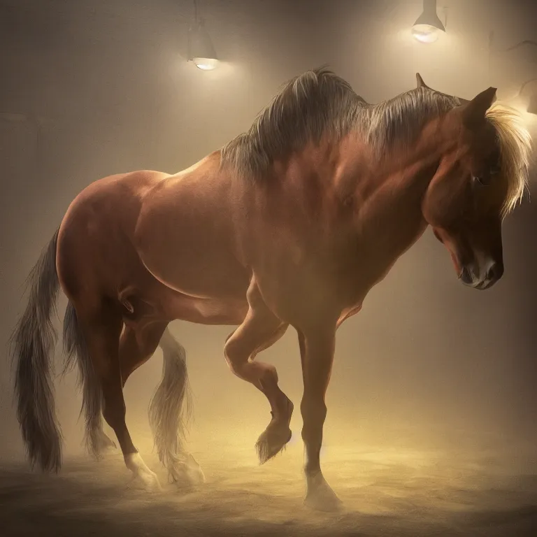 Image similar to A horse attempting to solve a jigsaw puzzle, looking confused, cinematic lighting, evening light, stables, digital painting, volumetric light, concept art, trending on artstation