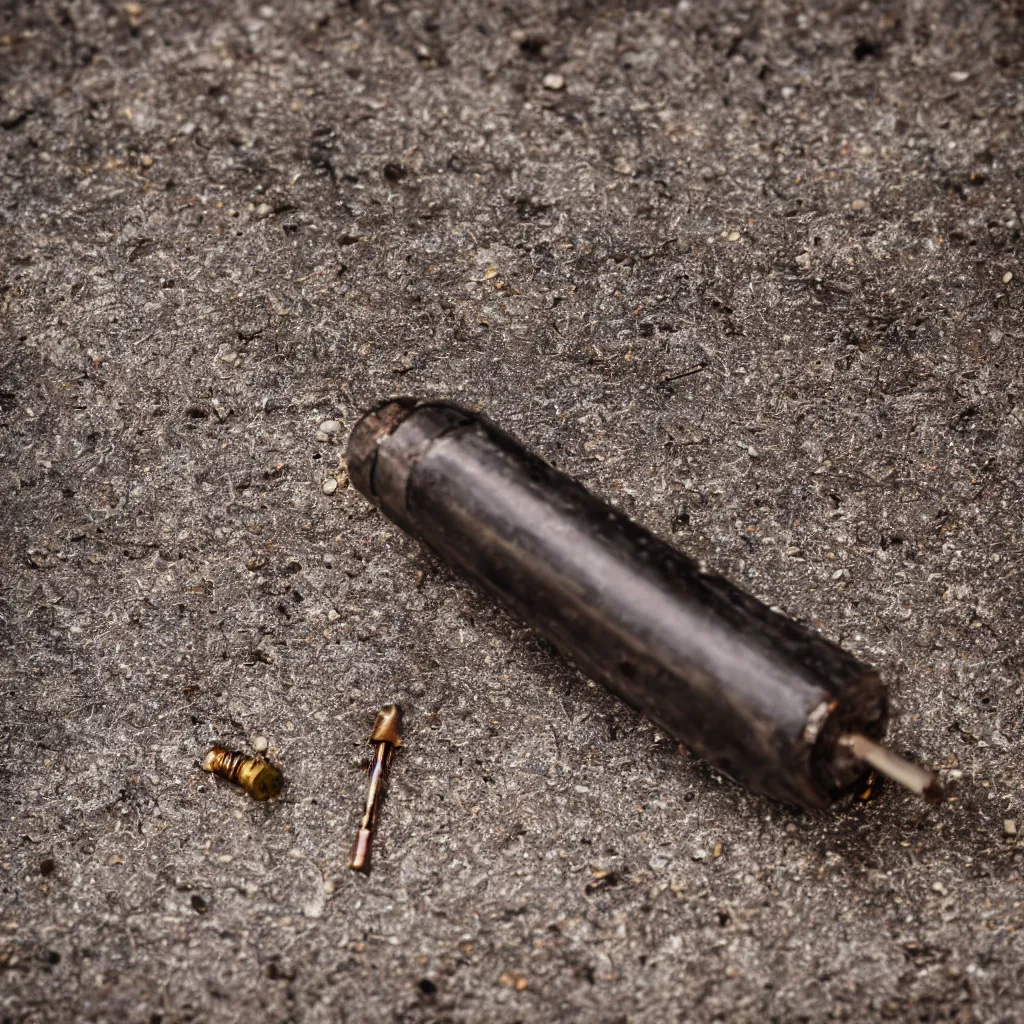 Prompt: A spent rifle cartridge on the ground, macro, 8k, gritty