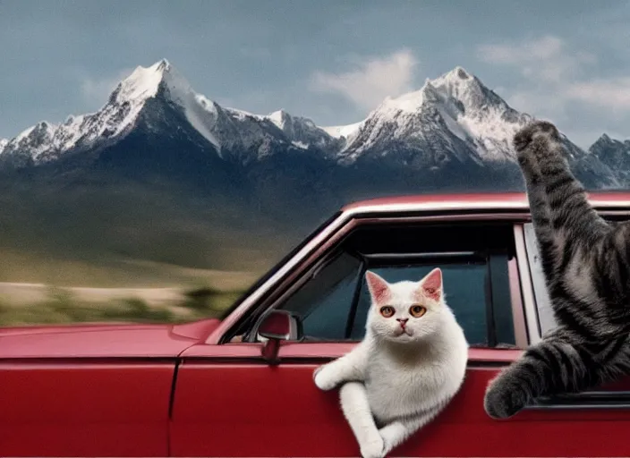 Image similar to A very high resolution image from a new movie, a cat driving a car around, inside of a car , mountains, Polaroid, directed by wes anderson