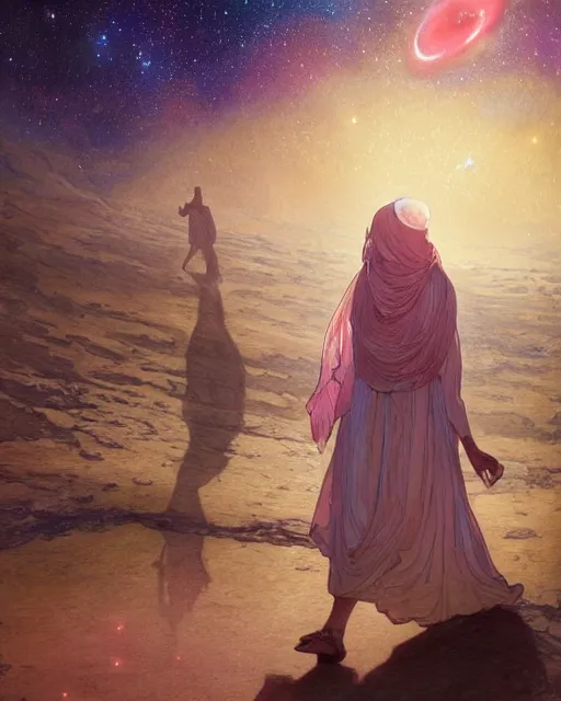 Image similar to bedouin in galaxy walking towards mosque surrounded by nebula, highly detailed, gold filigree, romantic storybook fantasy, soft cinematic lighting, award, disney concept art watercolor illustration by mandy jurgens and alphonse mucha and alena aenami, pastel color palette, featured on artstation