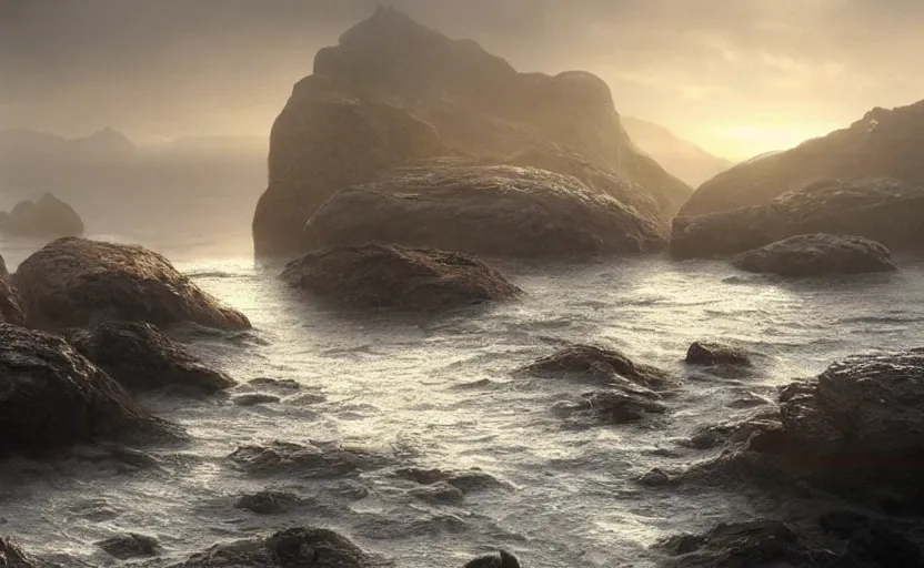 Image similar to no fear, no hesitation, no surprise, no doubt, directed by charlie kaufman ( 2 0 0 1 ) anamorphic lenses, a rocky shore in the foreground, foggy volumetric light morning, a beam of light from the heavens, cinematic trending on artstation in the style of greg rutkowski