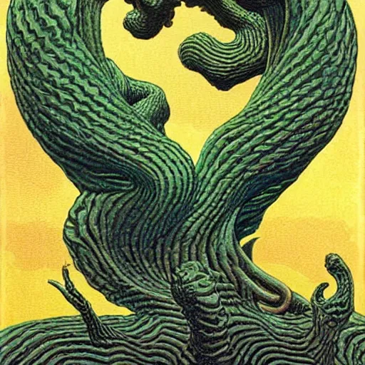 Image similar to hydra, highly detailed, artstation, in the style of moebius, art by rene magritte and jean delville