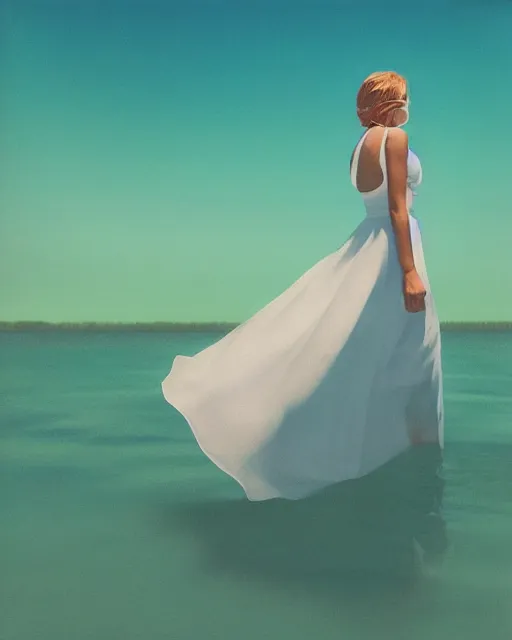 Image similar to a woman in a white dress standing in the water, an album cover by stanley twardowicz, trending on cg society, retrofuturism, retrowave, chillwave, synthwave