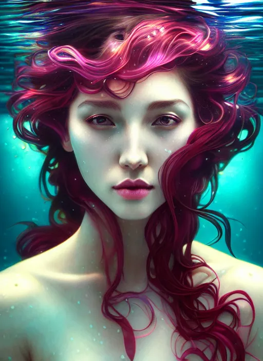 Image similar to an underwater photographic portrait of a woman created out of ruby gemstone, cinematic, volumetric lighting, beautiful fantasy, intricate, elegant, highly detailed, digital painting, artstation, concept art, smooth, sharp focus, illustration, art by ayami kojima, artgerm and h r giger and alphonse mucha