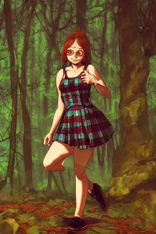 Image similar to sarah humpfrey as a girl in a dark forest, detailed plaid miniskirt, beautiful upper body, by dan mumford, anime style, octane render, trending on artstation