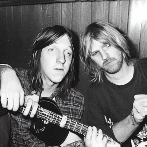 Image similar to elliott smith and kurt cobain hanging out at a bar