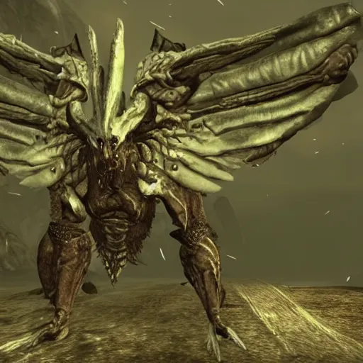 Image similar to screenshot of a horrid creature from Skyrim. It has angel wings, no eyes, and has long fingers with sharp teeth.