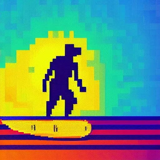 Image similar to one surfer on a surfboard. sun and sea. colorful. pixelart.