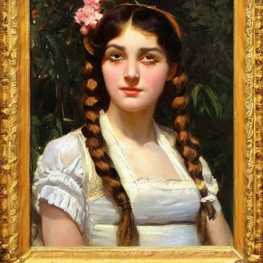 Prompt: orientalism portrait of a cute young woman with twin tails in maid uniform by Edwin Longsden Long and Theodore Ralli and Nasreddine Dinet and Adam Styk masterful intricate artwork