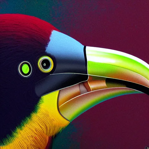 Image similar to photorealistic toucan. hyperdetailed photorealism, 1 0 8 megapixels, amazing depth, high resolution, 3 d shading, 3 d finalrender, 3 d cinematic lighting, glowing rich colors, psychedelic overtones, artstation concept art.