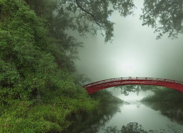 Image similar to an emerald bridge over a river of red wine. highly detailed. mythical. magical. mist. foggy. 4k. 800 iso.