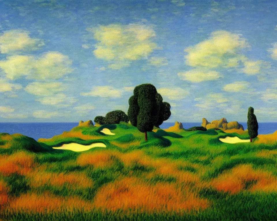 Prompt: achingly beautiful painting of bandon dunes by rene magritte, monet, and turner.