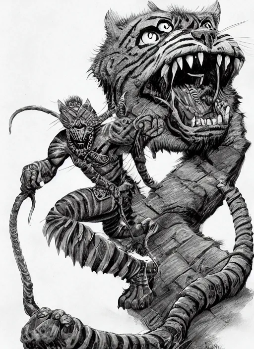 Image similar to tigerman, digital illustration for pathfinder, full body, by Wayne Reynolds, tony diterlizzi, frazetta, tim seeley, 2005, HQ scan, intricate details, MOTU, Monster Manula, Fiend Folio, D&D monster, fantasy art, artstation trending