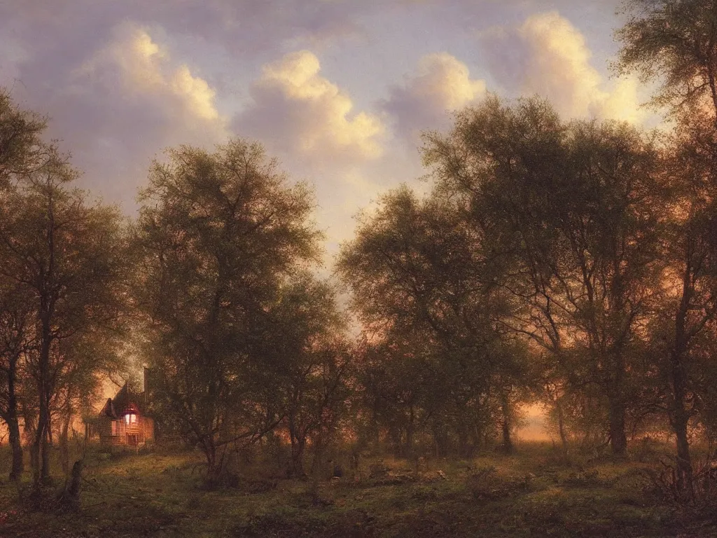 Image similar to a witchhouse in a woodland, evening mood, pink clouds in the evening sky, by clive madgwick