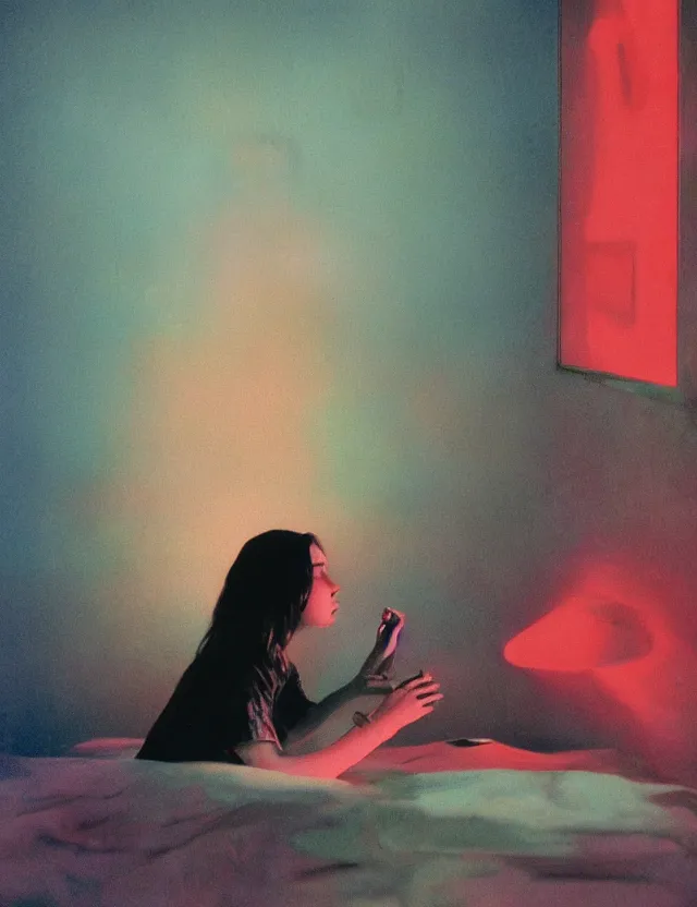 Image similar to woman in pajama playing computer games in dark room, redshift, wide shot, coloured polaroid photograph with flash, pastel, kodak film, hyper real, stunning moody cinematography, by maripol, fallen angels by wong kar - wai, style of suspiria and neon demon and bahnhof zoo, david hockney, detailed, oil on canvas