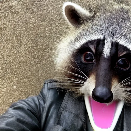 Prompt: a selfie of a racoon wearing a trenchcoat