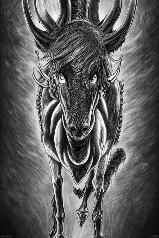 Image similar to demon horse with a horn, symmetrical, highly detailed, digital art, sharp focus, trending on art station, kentaro miura manga art style