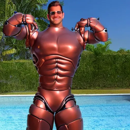 Image similar to a realistic detailed photo of a guy who is an attractive humanoid who is half robot and half humanoid, who is a male android, wrestler zack ryder, shiny skin, posing like a statue, blank stare, by the pool, on display, showing off his muscles, humanoid robot, frozen ice statue