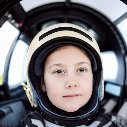 Prompt: 9 year old girl wearing a pilot helmet, close up, in cockpit, lit by big soft boxes, 2 4 mm wide angle