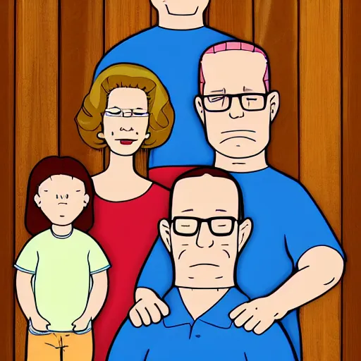 Prompt: family portrait of a family of three, hank hill peggy hill and bobby hill standing in front of a wooden fence, neutral expressions, art by mike judge, trending on artstation