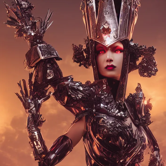 Image similar to mystical evil android queen with obsidian eyes, wearing an elaborate helmet, fashion shoot, octane render, 8 k, unreal engine, by todd mcfarlane and artgerm and greg rutkowski and alphonse mucha