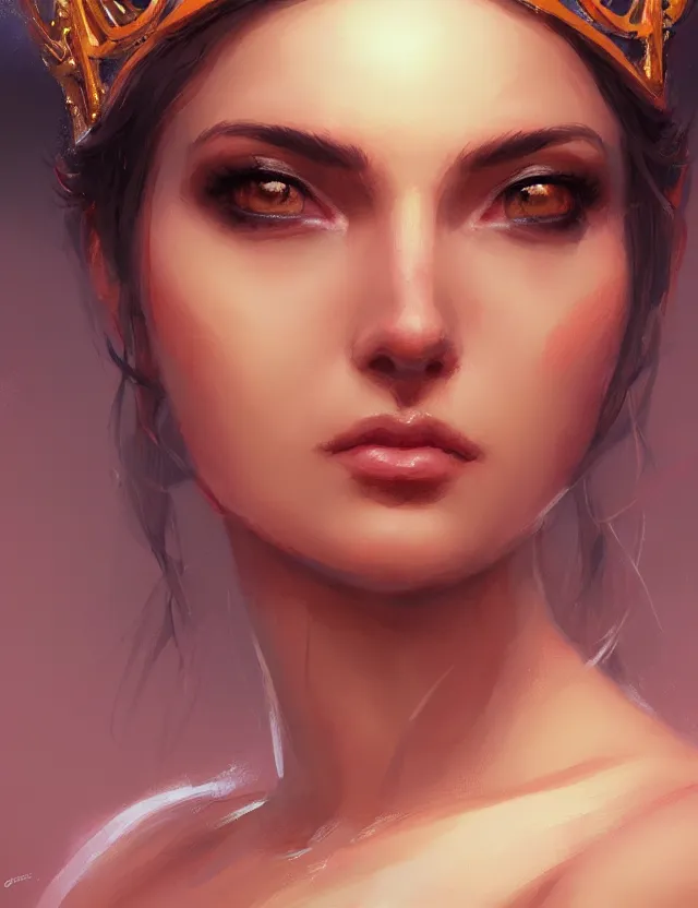 Image similar to blurred background. close-up portrait of a goddess in crown, by Artgerm and greg rutkowski