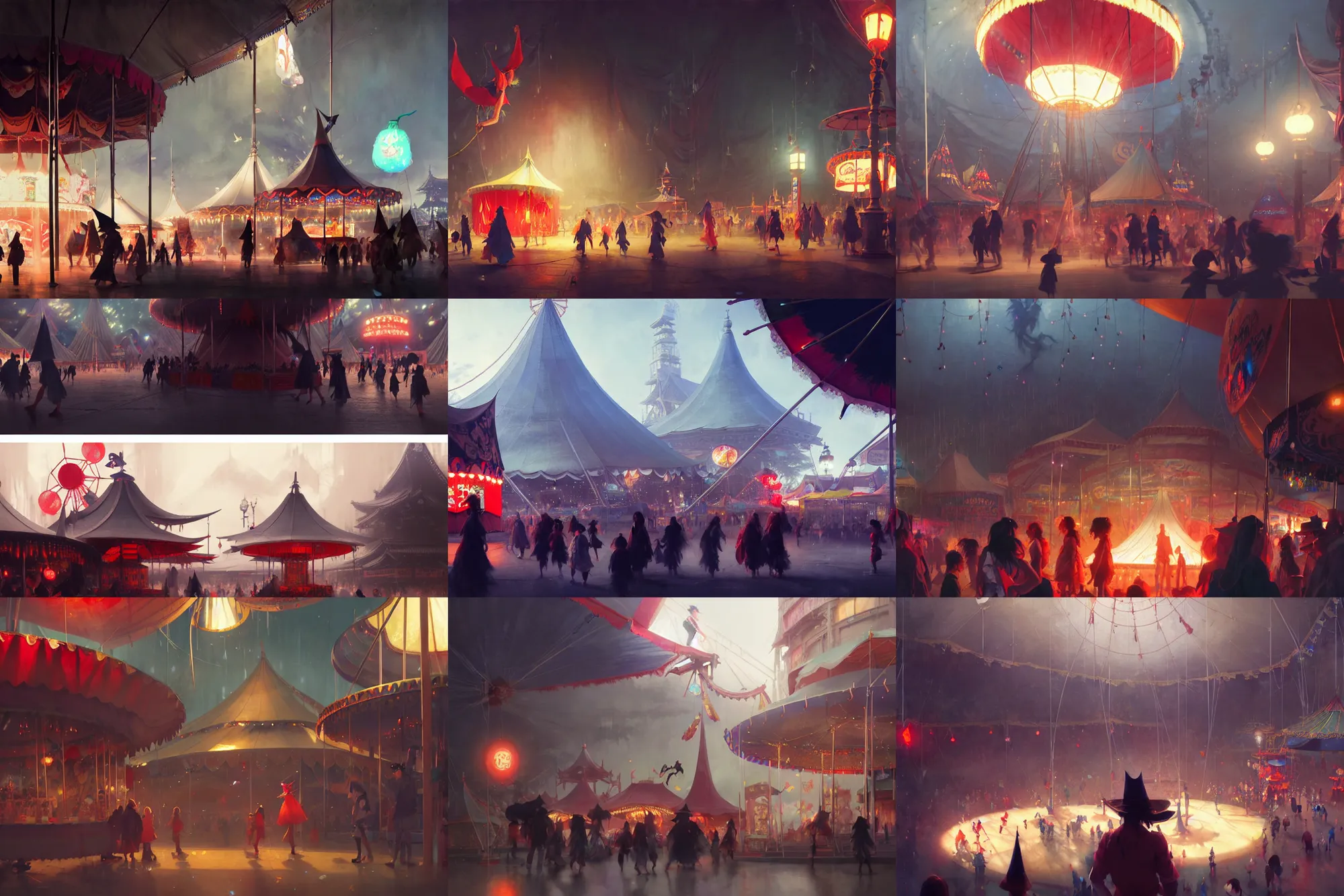 Prompt: close - up of student witches exploring small carnival amusement, food stalls, big top circus tent, roaming entertainers, flashing lights, highly detailed, magical, japan mountains, digital painting, concept art, matte, art by ruan jia and wlop and greg rutkowski and makoto shinkai, masterpiece