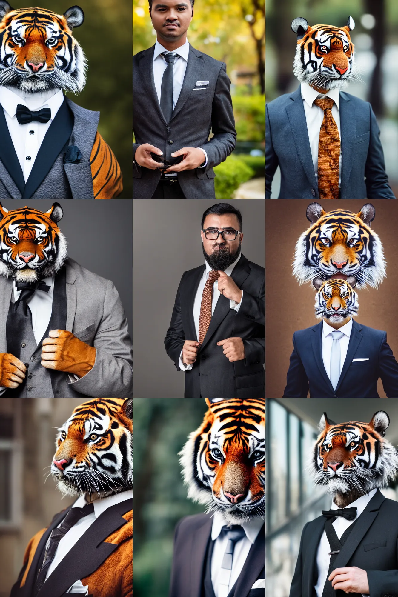 Image similar to high quality portrait photo of an businessman tiger dressed in a dark suit and tie, Anthropomorphic, photography 4k, f1.8 bokeh, 4k, 85mm lens, sharp eyes