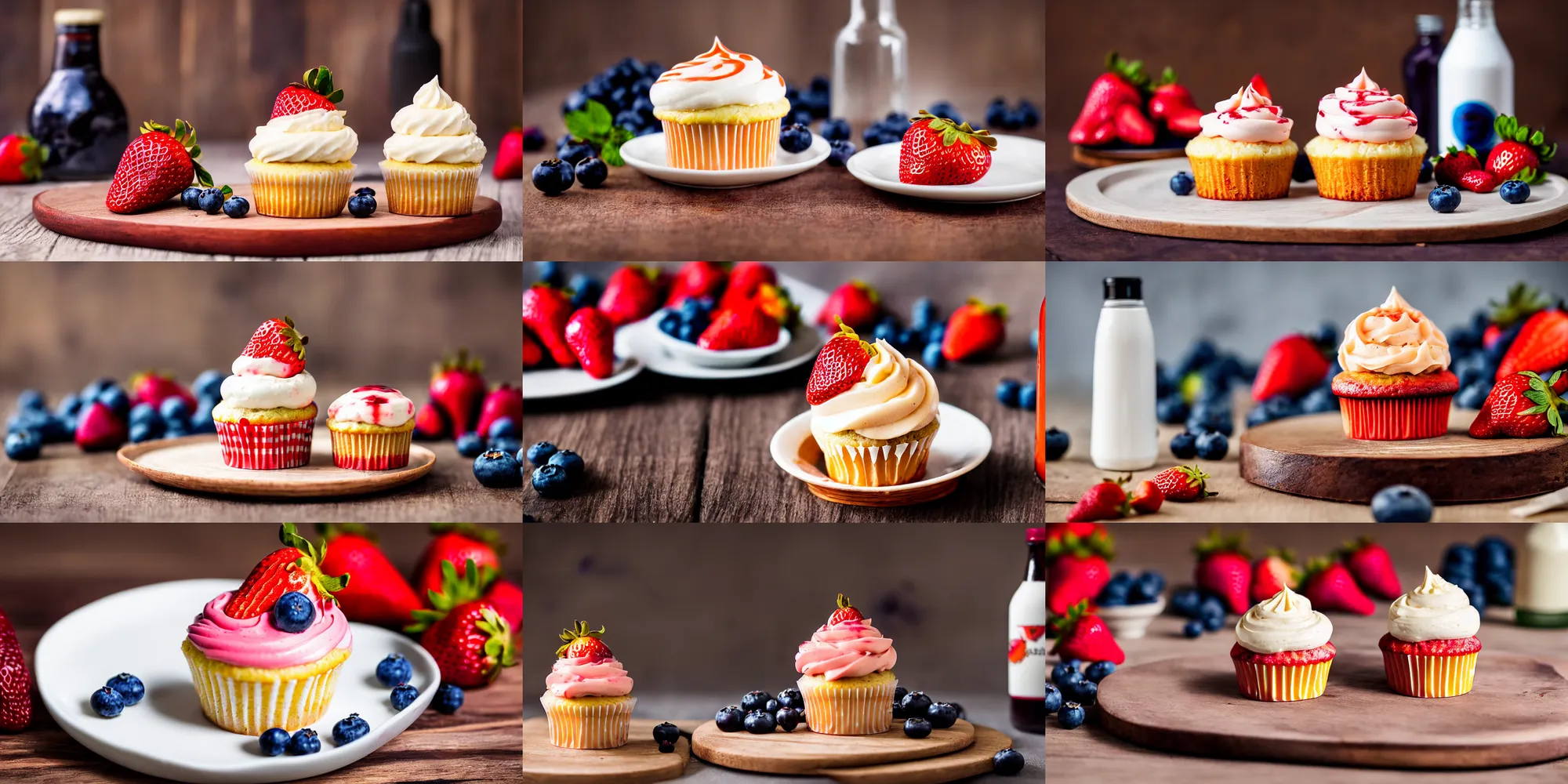 Prompt: dslr food photography of a single strawberry cupcake, on a wooden plate, with white - orange - striped creme topping and a bottle of blueberry sauce on the side, macro shot, hasselblad, 1 0 0 mm f 1. 8, dynamic lightning