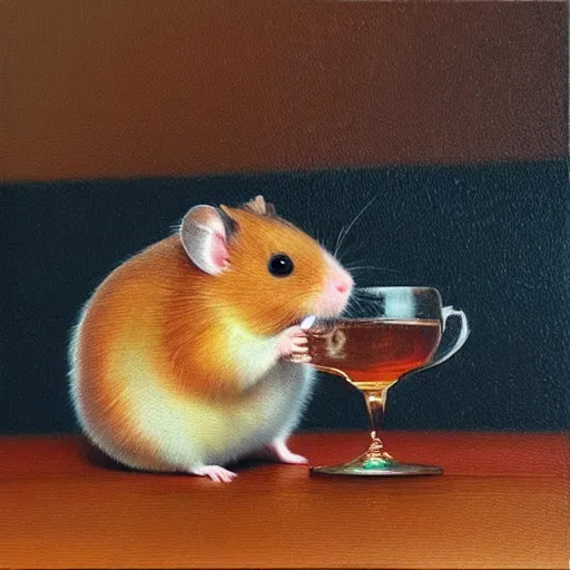 Image similar to hyper realistic oil painting of a hamster in a fancy place drinking a tea