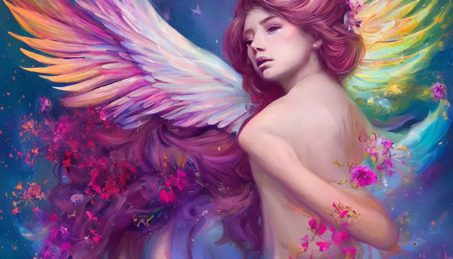 Prompt: a colorful and provenance portrait painting of a angel with her hugeflowers wings spread out gracefully, highly saturated colors, highly detailed, hair made of hair made of air wind and curling smoke, mist, dust, genie, flowers, flower, stars, spirit fantasy concept art, art by charlie bowater and aenami, trending on artstation.