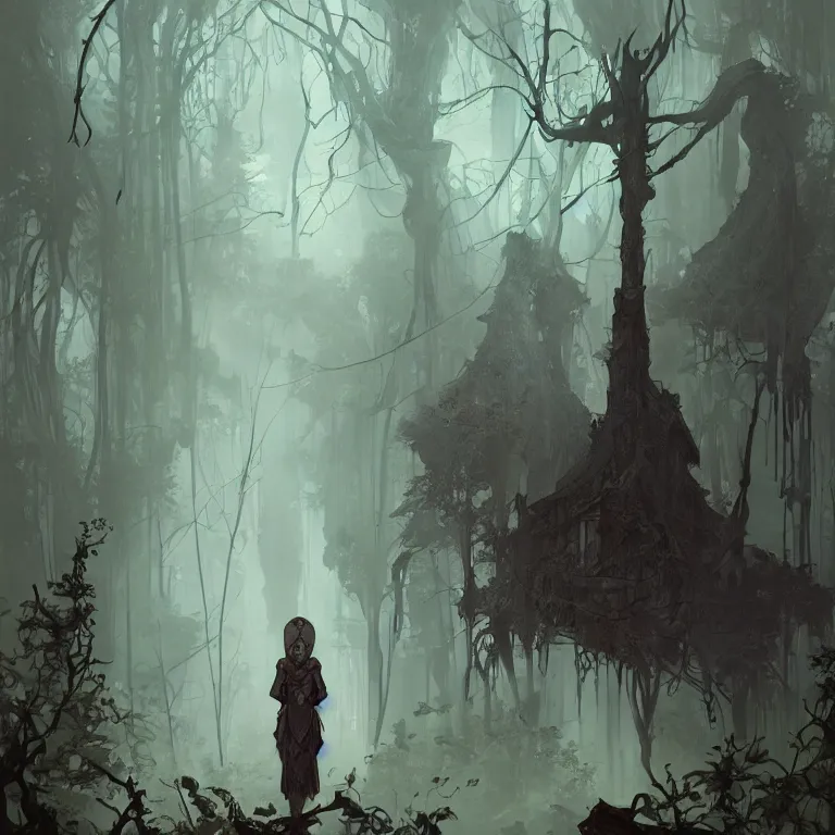 Image similar to a lone figure standing in front of a haunted victorian house in a dense dark forest, concept art, by Peter Mohrbacher and Alphonse Mucha, detailed, style, 8k, trending on artstation, unreal engine 4k, detailed, clean background trending, full shot, symmetrical portrait, sophisticated, Unreal engine, dystopia, anti-utopia, post processing, psychadelic