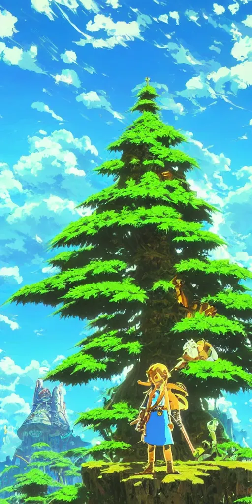 Image similar to epic cannabis tree forest, link and zelda high af smoking blunt, vivid tones, wide angle, by miyazaki, nausicaa, studio ghibli, breath of the wild