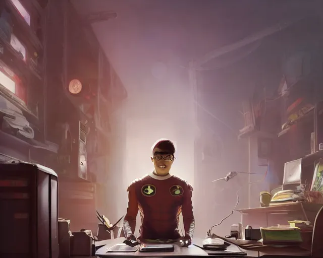 Image similar to an insanely detailed painting of a nerdy asian man wearing a superhero costume, sitting at a desk, staring at the nervously at the computer and typing, in the style of peter mohrbacher, dramatic lighting and composition, surreal background, octane render, pixar, trending on artstation, concept art, comic book, view from behind