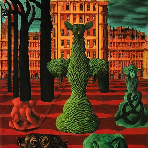 Prompt: king of the beasts 666, by Rene Magritte, by Remedios Varo, by M.C. Escher, fairy-tale illustration style, very detailed, colorful, beautiful, eerie, surreal, psychedelic