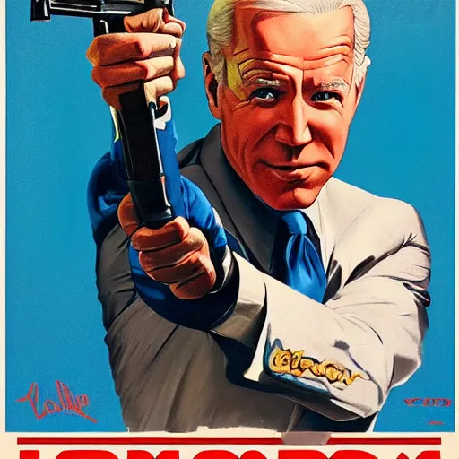 Image similar to propaganda poster of joe biden pointing gun directly at camera in james bond movie, closeup of gun, visible barrel and grip by j. c. leyendecker, bosch, lisa frank, jon mcnaughton, and beksinski