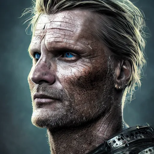 Prompt: viggo mortensen portrait, dystopia core, apocalyptic, armor, warrior, dramatic, sharp focus, fiction, neon, fantasy, hyper detailed, digital art, trending in artstation, cinematic lighting, studio quality, smooth render, unreal engine 5 rendered, octane rendered, art style and nixeu and wlop and krenz cushart