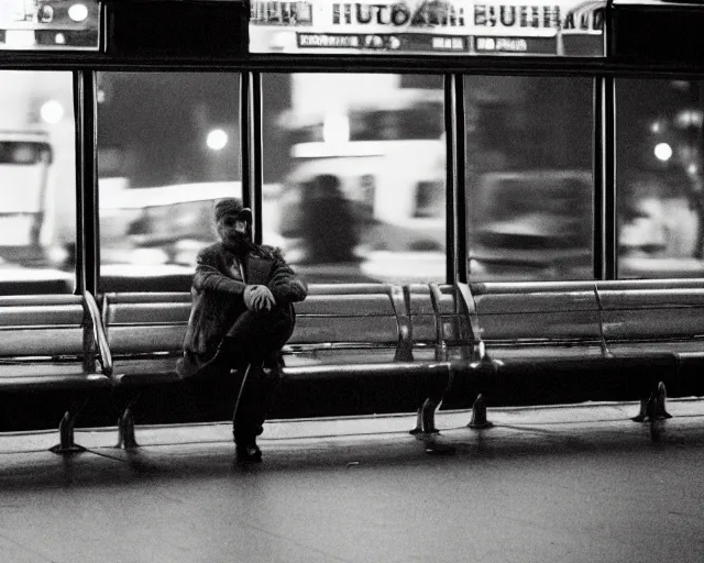 Prompt: a lomographic photo of russian lone man sitting in bus station at evening, cinestill, bokeh