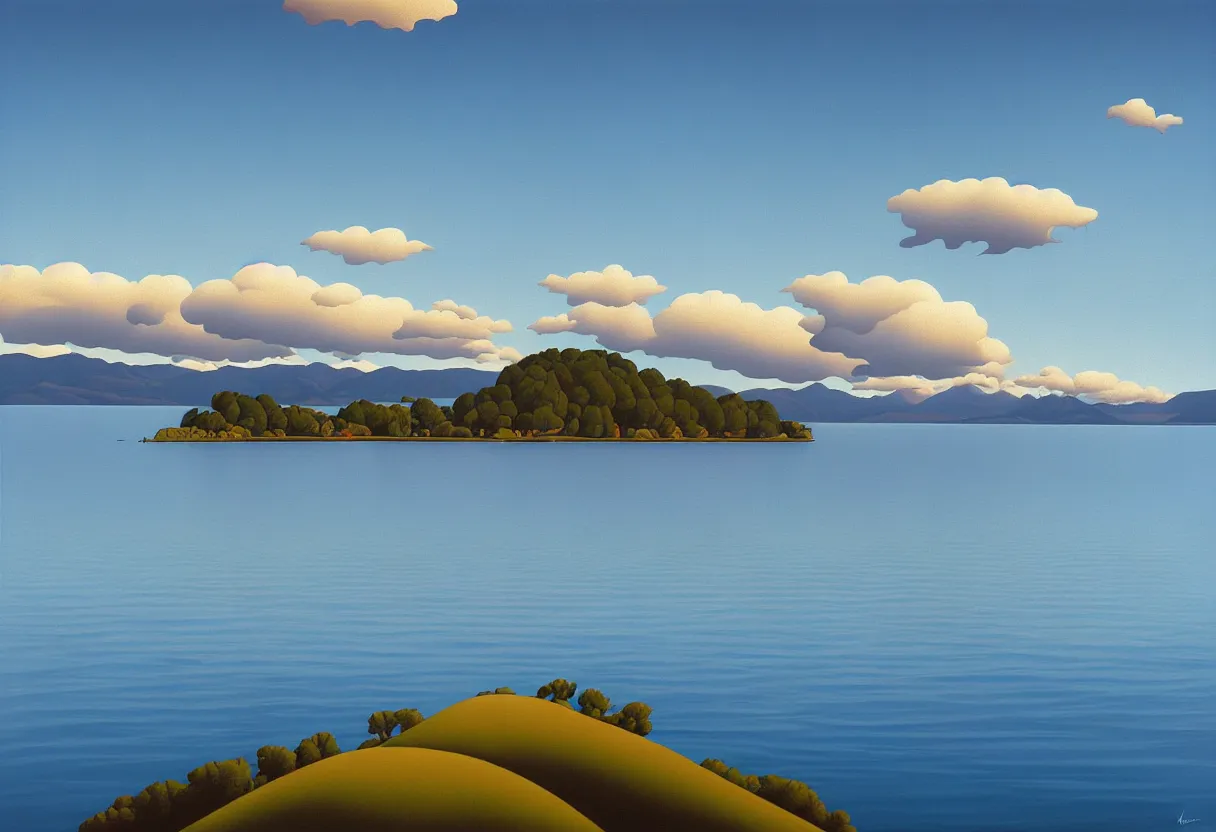 Prompt: lake taupo, rule of thirds, seascape, golden hour, partly cloudy day, painting by kenton nelson