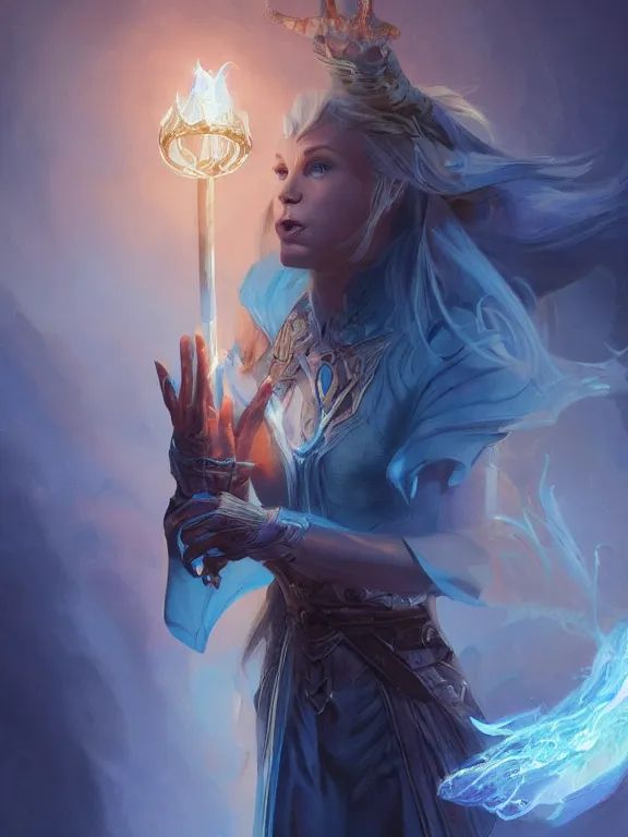 Image similar to Kristin Bell casting a lighting spell, blue lighting, D&D, fantasy, highly detailed, digital painting, trending on artstation, concept art, sharp focus, illustration, art by artgerm and greg rutkowski and magali villeneuve