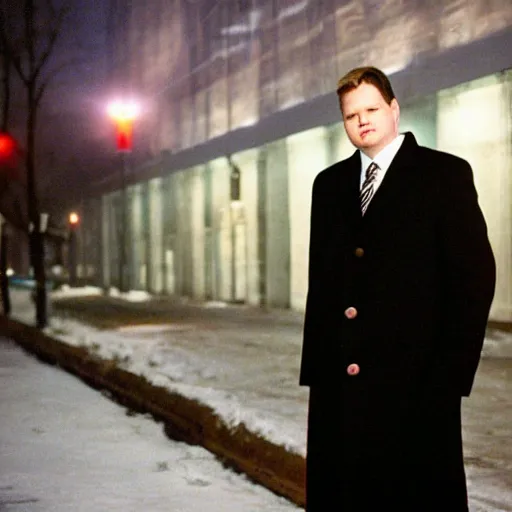 Image similar to 1 9 9 8 andy richter wearing a black wool coat over a black suit and necktie standing on the streets of chicago at night in winter.