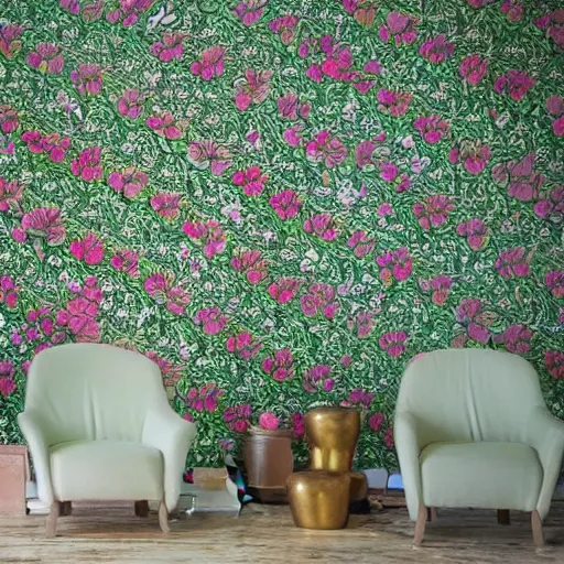 Prompt: a beautiful room with intricate wallpapers and flowers