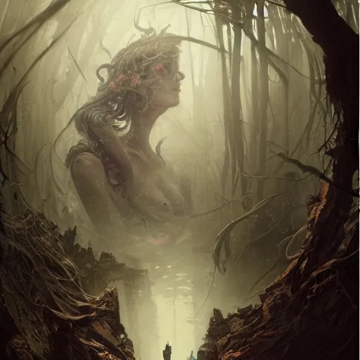 Image similar to epic hyperdetailed portrait of a haunting 🐙🕷 lurking in the shadows. by greg rutkowski, highly detailed portrait, rococo, digital painting, artstation, concept art, smooth, sharp foccus ilustration, artstation hq. intricate, elegant. art by wlop and artgerm and greg rutkowski and alphonse mucha, masterpiece. misty rainforest