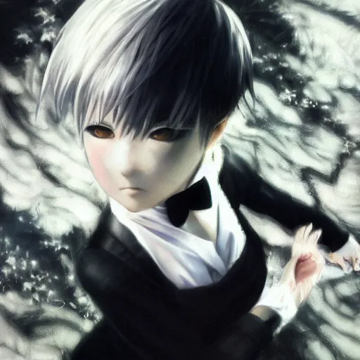 Image similar to Yoshitaka Amano realistic illustration of an anime girl with short white hair and black eyes wearing tuxedo, black and white battle background from Earthbound game, film grain effect, highly detailed, Renaissance oil painting