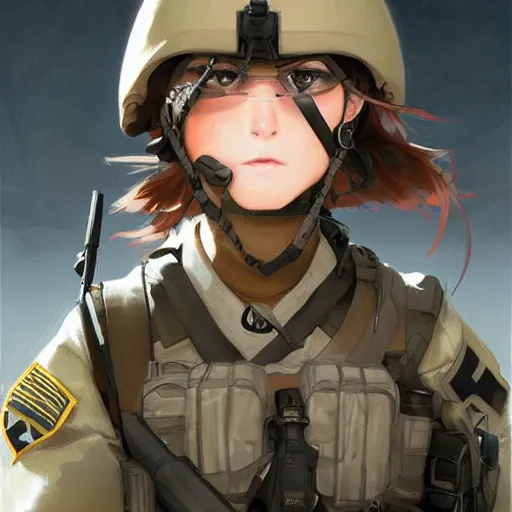 Image similar to anime girl in a united states army special forces uniform, cute face, digital art, portrait, krenz cushart, craig davison