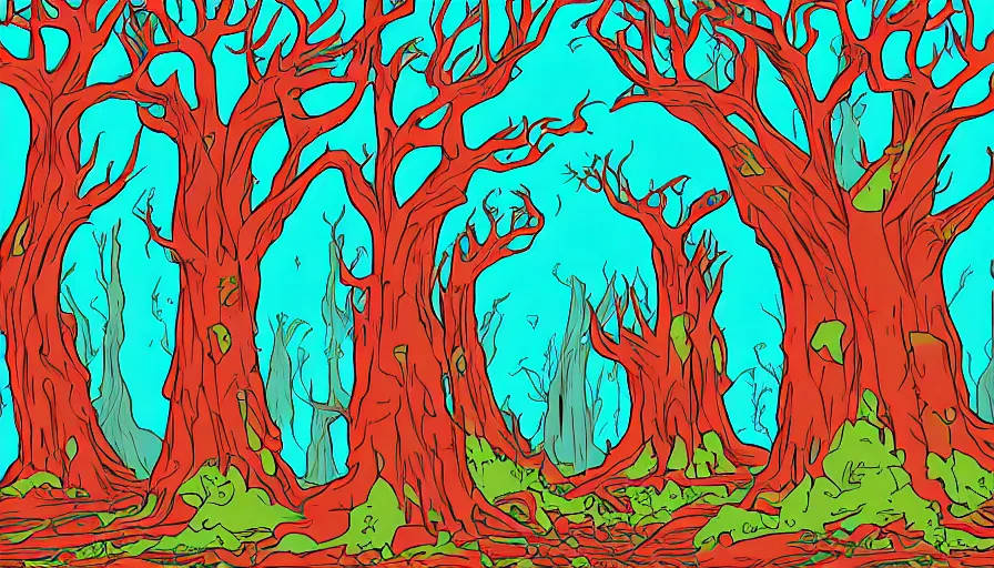 Prompt: alien ruins between gigantic red trees, colorful, vector style drawing