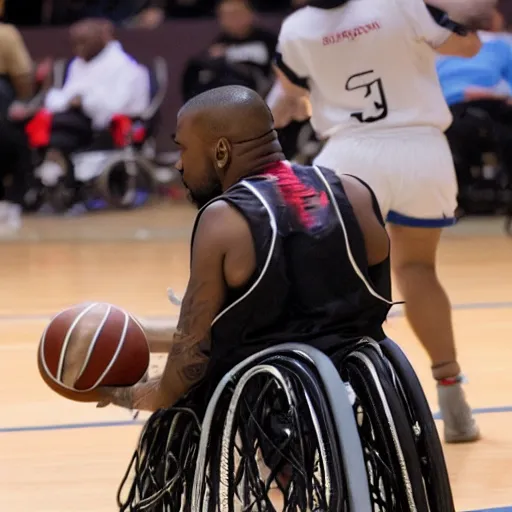 Image similar to kanye west playing against a wheelchair basketball team