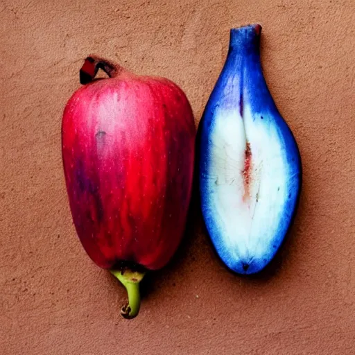 Prompt: a red banana and a blue apple